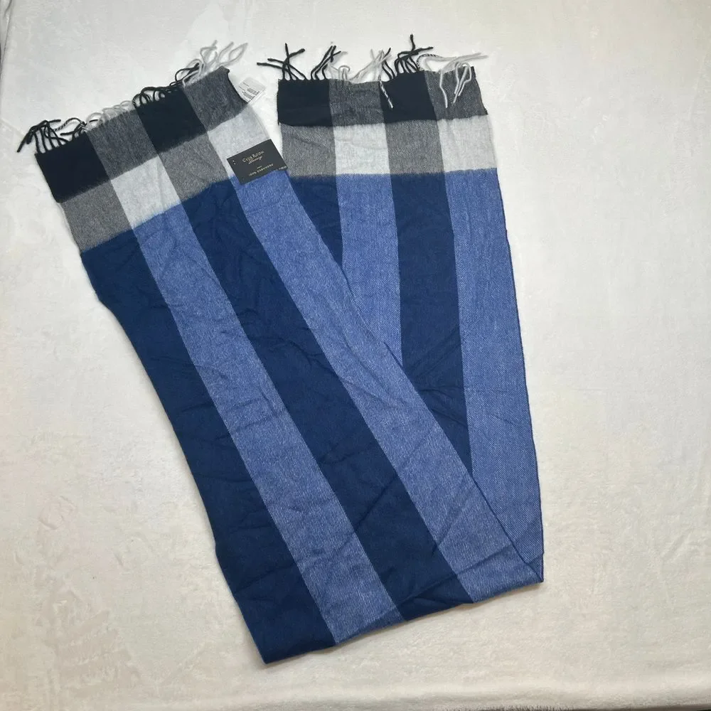 Club Room Luxury 100%‎ Cashmere Scarf One Size Blue Gray Buffalo Check Plaid